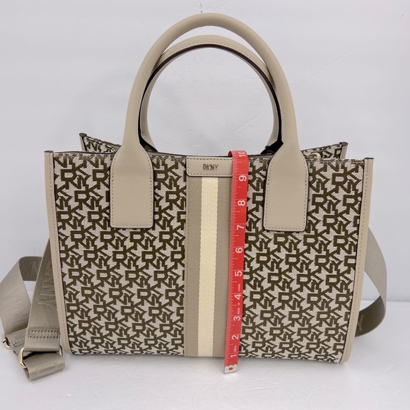 DKNY “CARLITA MD TOTE” BAG, BEIGE WITH BROWN LOGO ALL OVER WITH SHOULDER STRAP - Picture 12 of 16